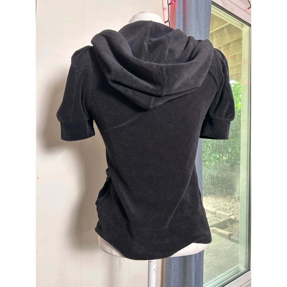 Y2K 2000s VTG Juicy Couture Black Terry Cloth Short Sleeve Zip Up Hoodie S - Picture 4 of 8